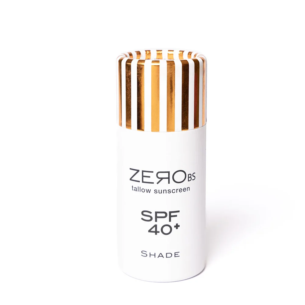 Zero BS SPF40 Push up sunscreen – Rapple White sunscreen bottle with a gold striped cap, labeled 'ZERO BS SPF 40+ Shade'