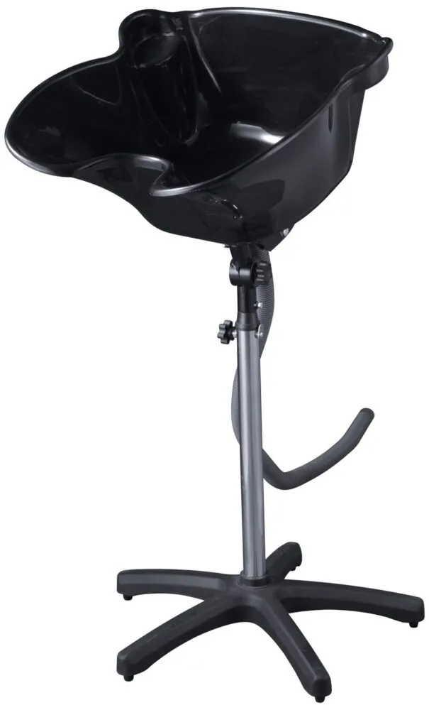 Black salon shampoo bowl on an adjustable metal stand with a wheeled base for hair washing.