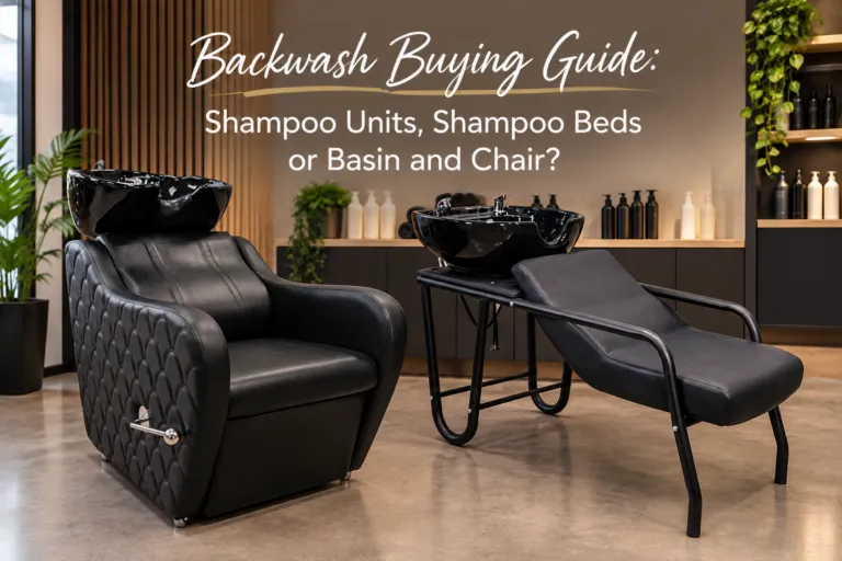 "Backwash Buying Guide: Shampoo Units, Shampoo Beds or Basin and Chair?" headline over a modern salon with a black shampoo chair and basin image in the foreground.