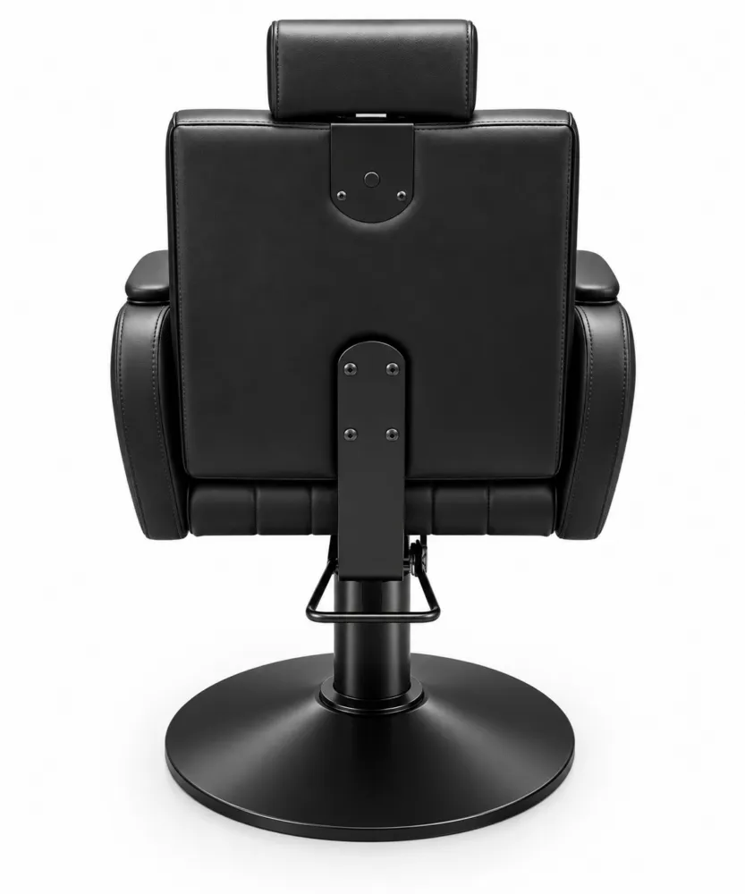 Back view of a black leather executive chair with a headrest on a round metal pedestal base