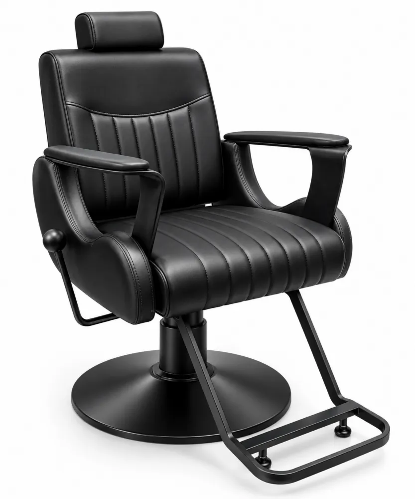 Black leather barber chair with padded back, headrest, armrests, and a metal footrest on a circular base used in barbershops or salons.