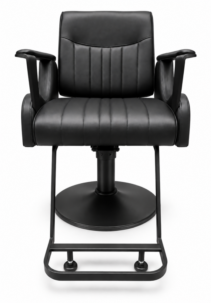 Black leather swivel chair with padded seat, backrest, and armrests on a circular metal pedestal base with a footrest bar.