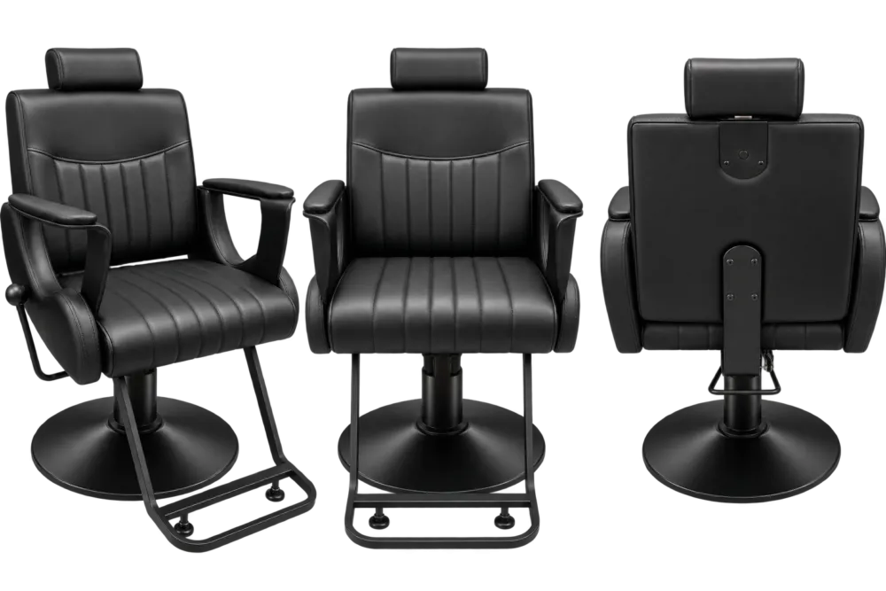 Three black leather barber chairs with padded headrests and footrests in a row on circular metal bases, shown from different angles (left, center, and rear).