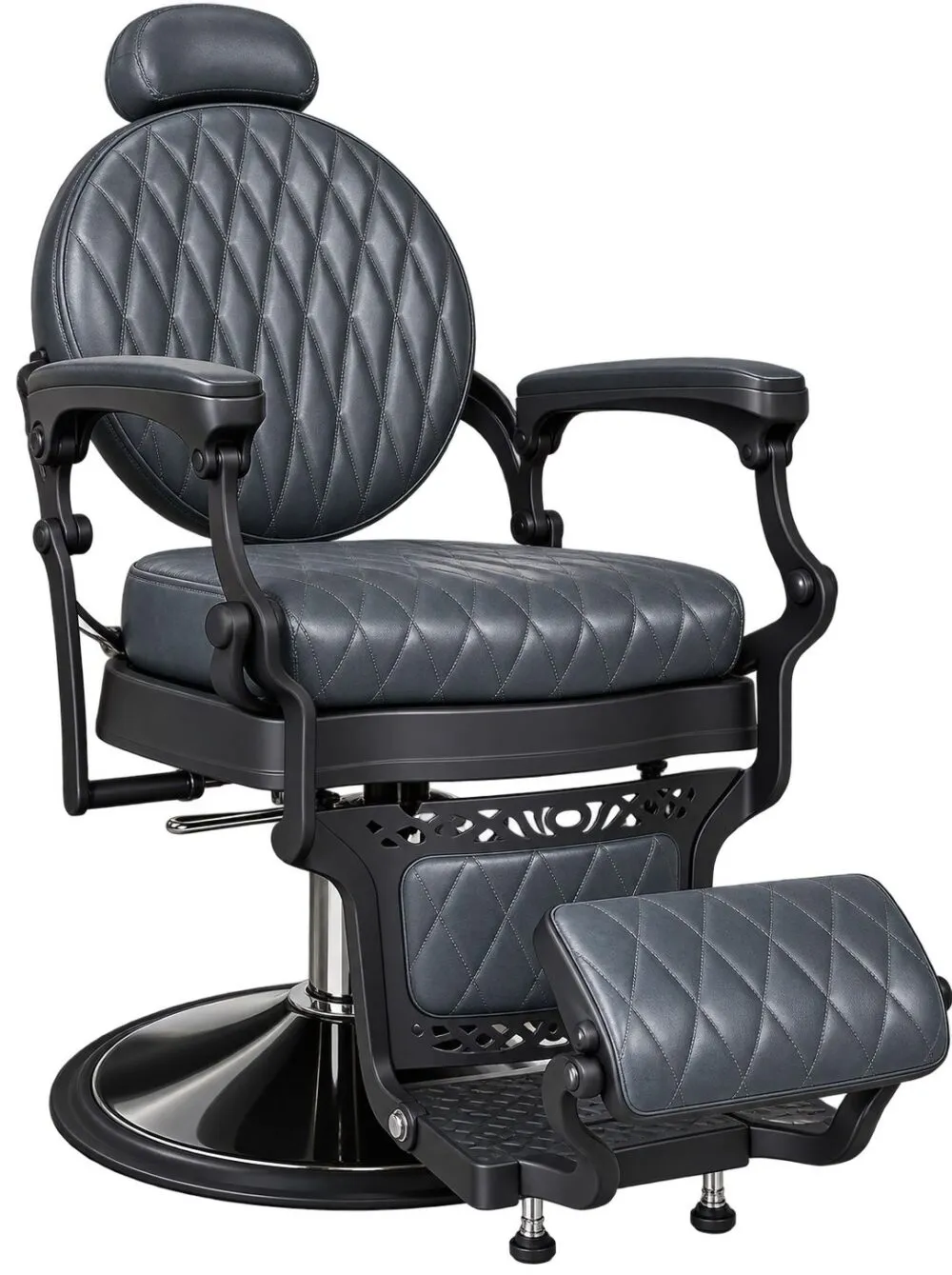 Quilted blue-gray barber chair with headrest, armrests, and footrest on a circular base