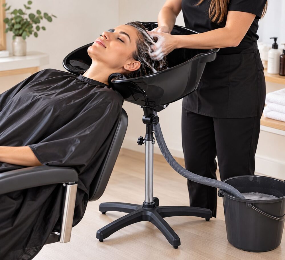 Client reclining in a salon chair while a stylist washes her hair at a black shampoo basin