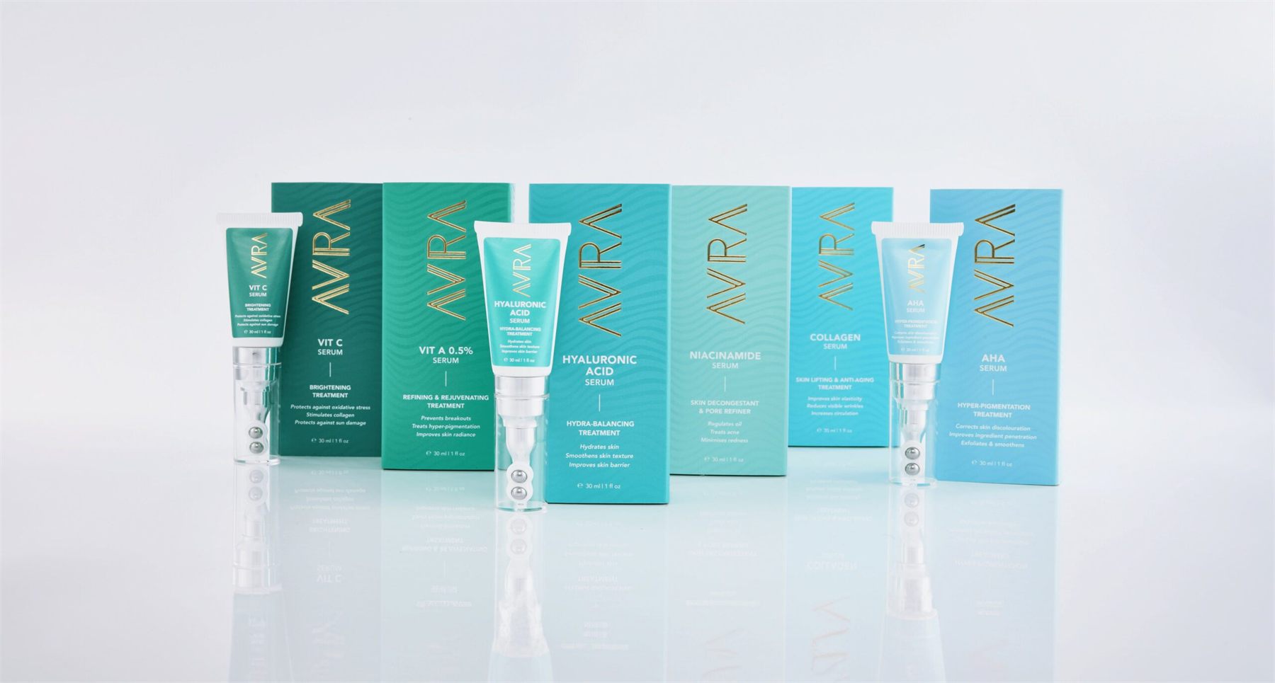 The six AVRA serums with their boxes