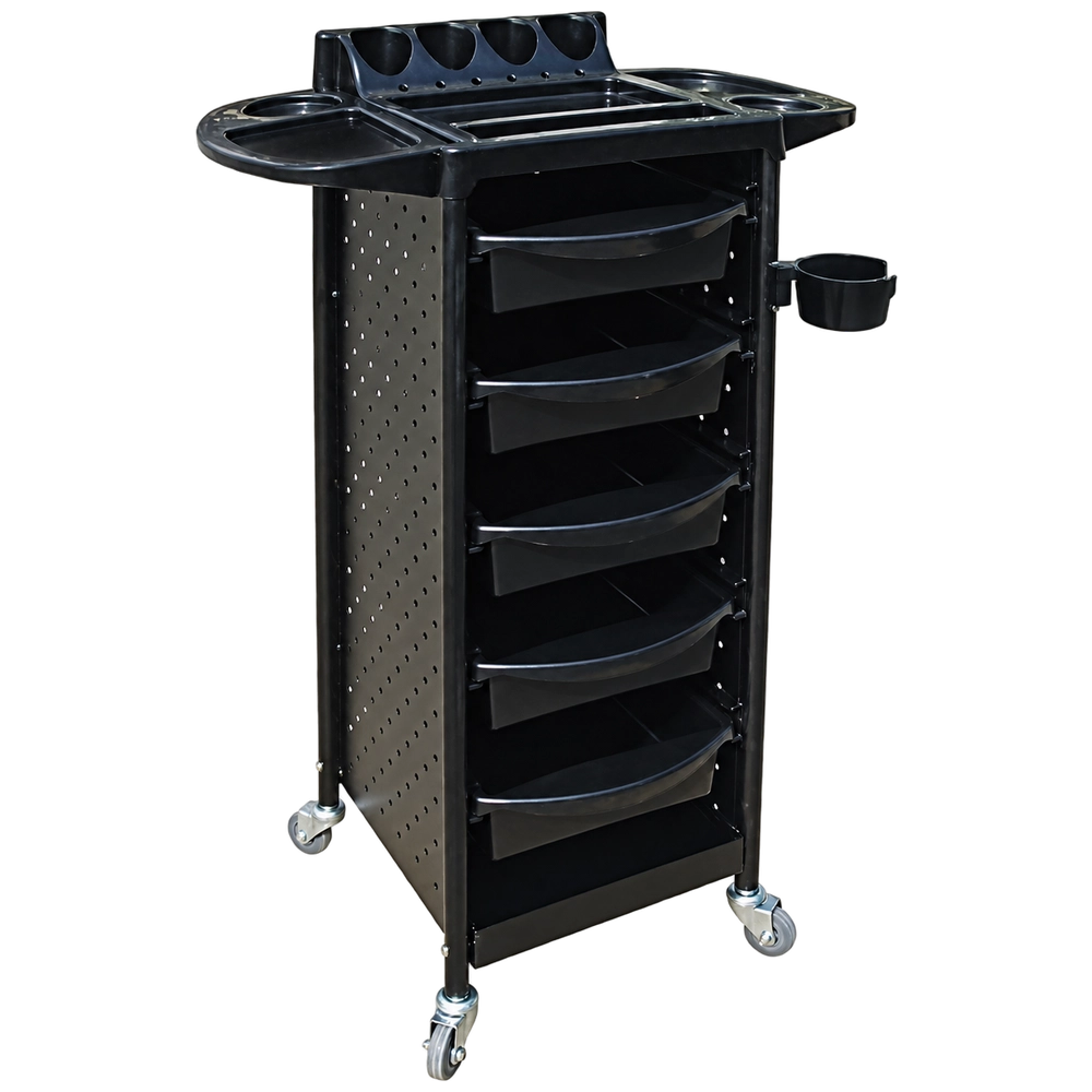 milan-hair-trolley-with-flaps-metal-sides – Rapple Black mobile salon cart with multiple pull-out drawers, perforated side panels, and a side cup holder on wheels for easy transport.