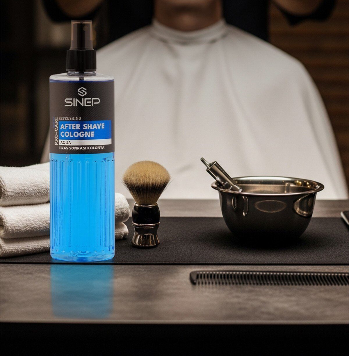 SINEP Aqua after-shave cologne on a barber station