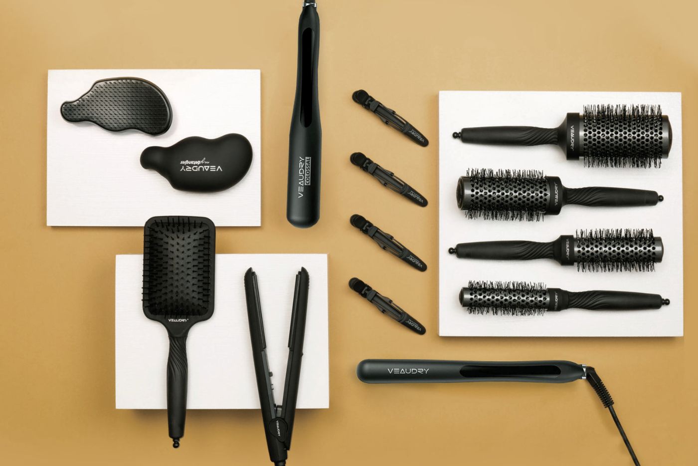 Veaudry styler, brushes and clips laid out