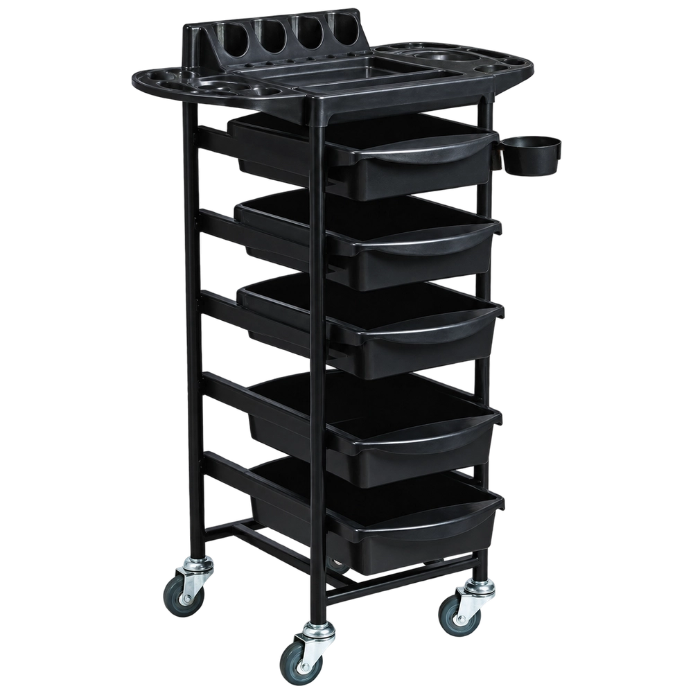 venice-hair-trolley-with-flaps – Rapple Black rolling service cart with multiple pull-out bins and a top organizer on caster wheels