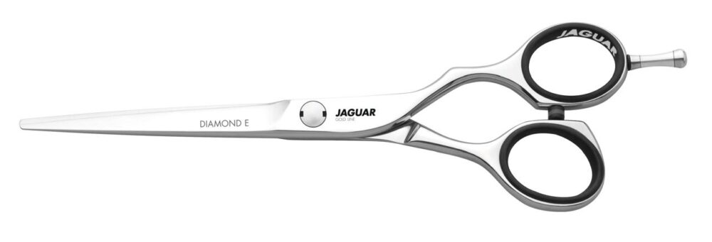 Professional hair-cutting scissors by Jaguar, Diamond E model, in polished stainless steel with black finger rings.