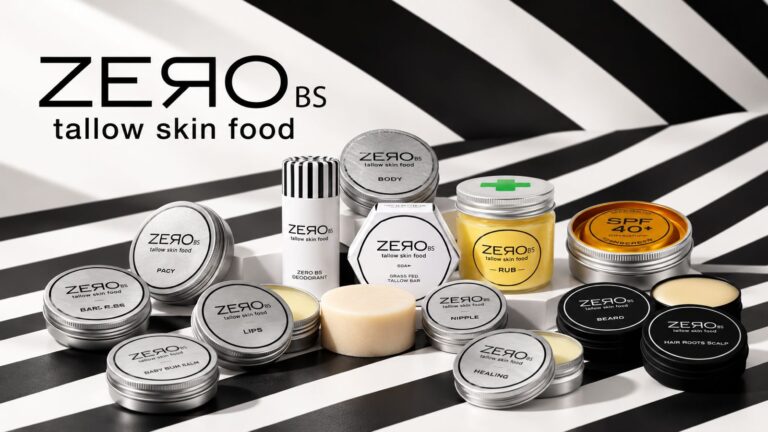 Meet Zero BS – Rapple Assorted ZERO BS tallow skin food skincare tins and jars arranged on a black-and-white striped backdrop, logo visible in the background.